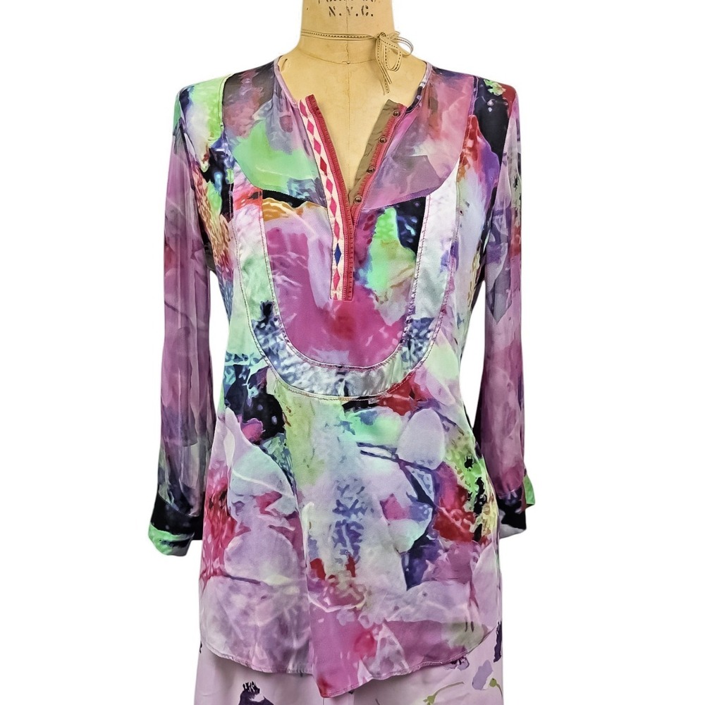 A Common Thread Silk Sheer Multicolor Blouse Retro Print Henley Womens M Vtg